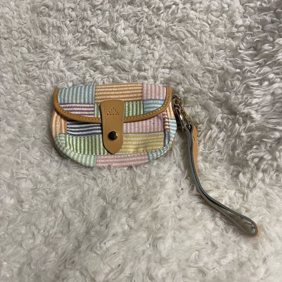 Dooney & Bourke pastel multi color Striped Wristlet tan leather strap. - Picture 1 of 7